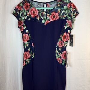 BCX Dress Womens 15 Blue Floral Embroidered Sheath Bodycon Knee Length